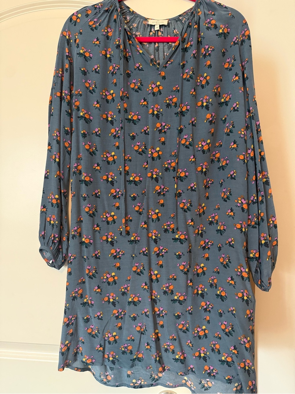 Cyrillus Blue Floral Long-Sleeve Tie-Detail Dress